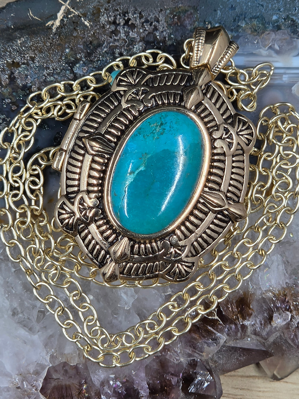 Barse Turquoise Locket Pendant with matching earrings. Chain 36"
