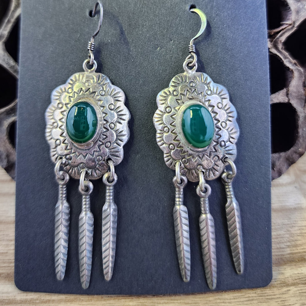 Vintage Southwestern Concho Green Onyx Sterling Earrings
