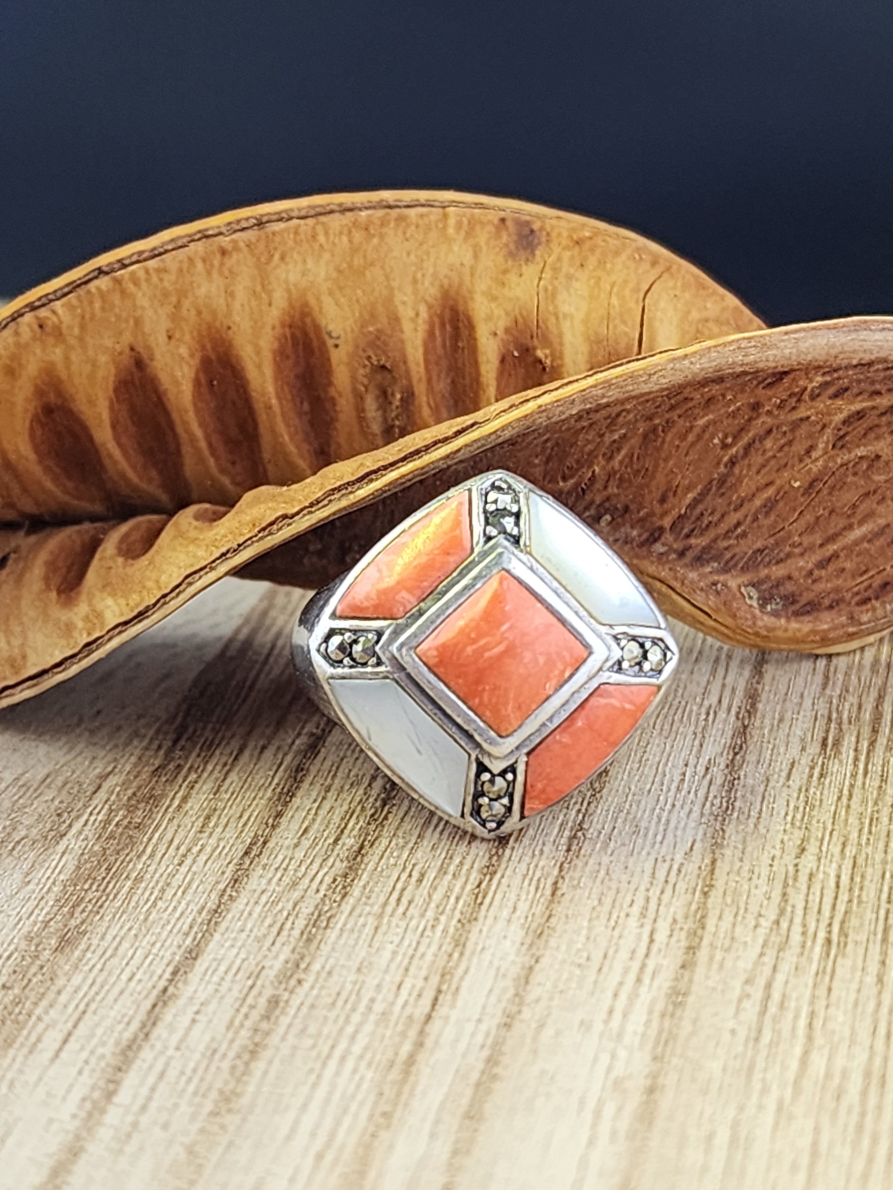 Coral / Mother or Pearl / Marcasite Size 9 - .925 ring
