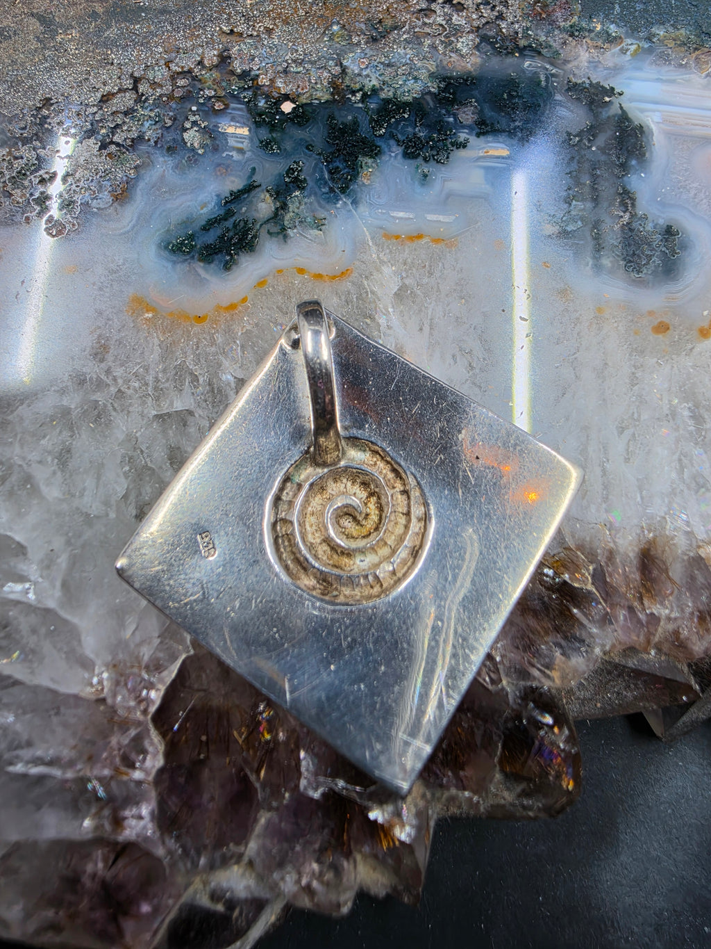 Solid sterling Silver spiral diamond shaped pendant