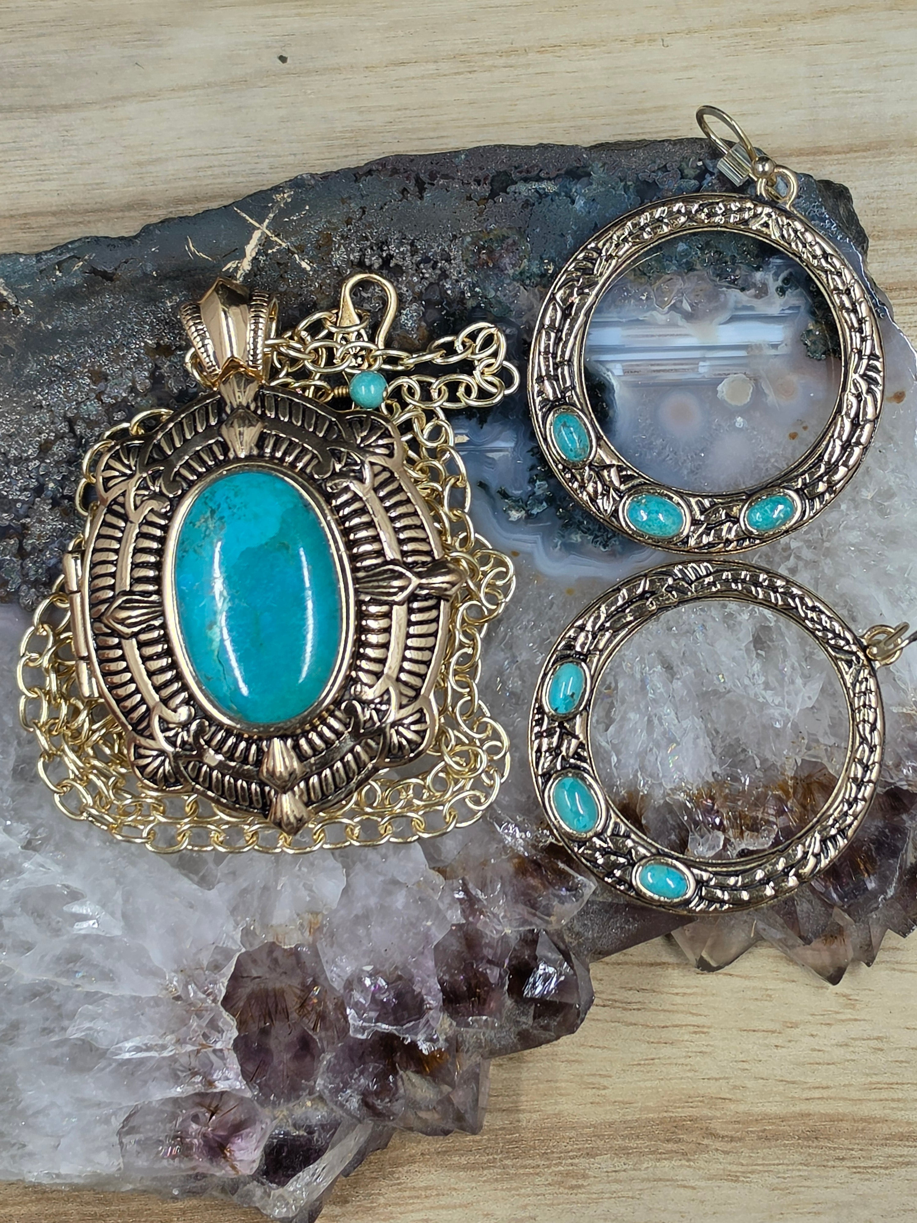 Barse Turquoise Locket Pendant with matching earrings. Chain 36"