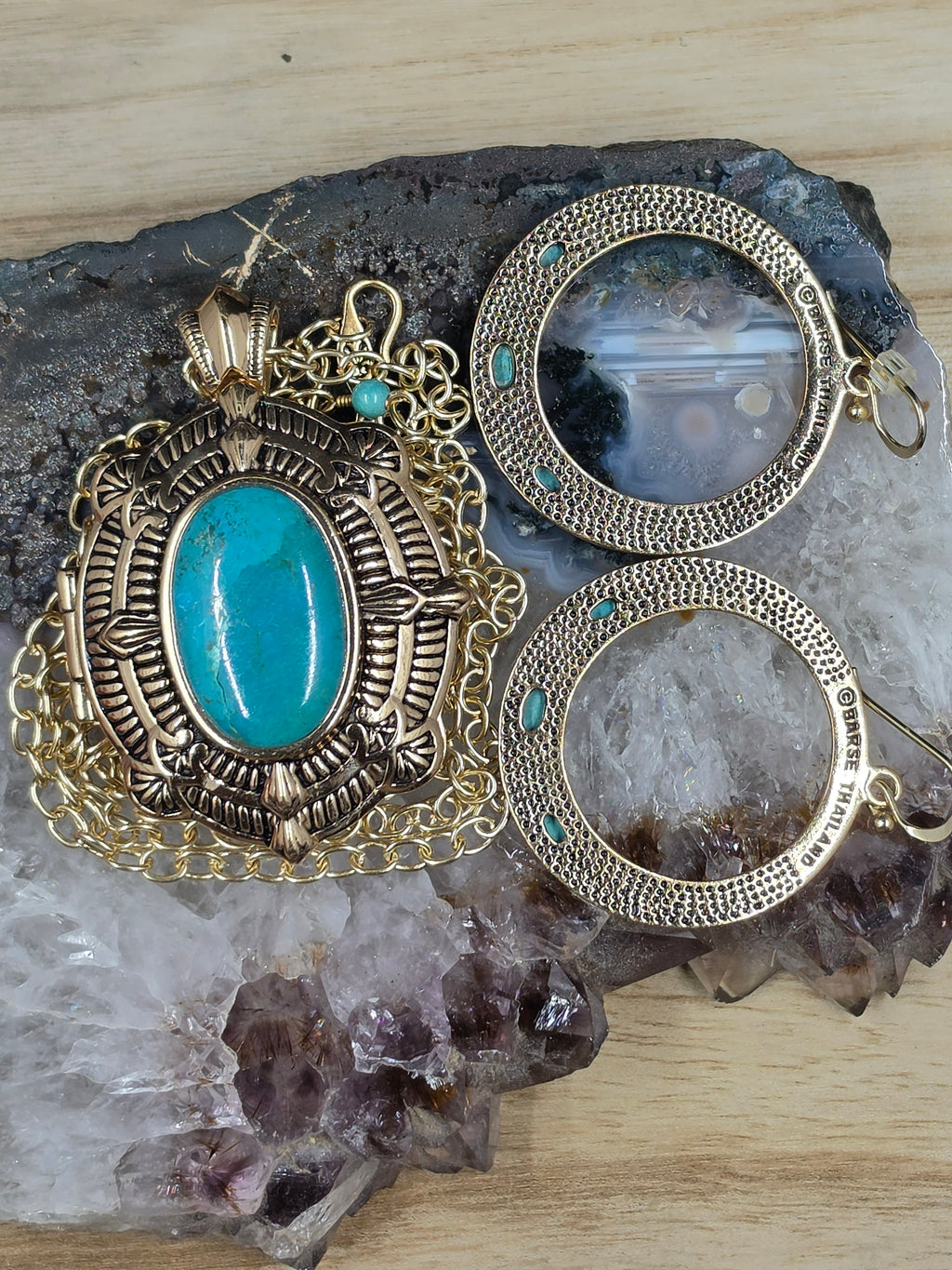 Barse Turquoise Locket Pendant with matching earrings. Chain 36"