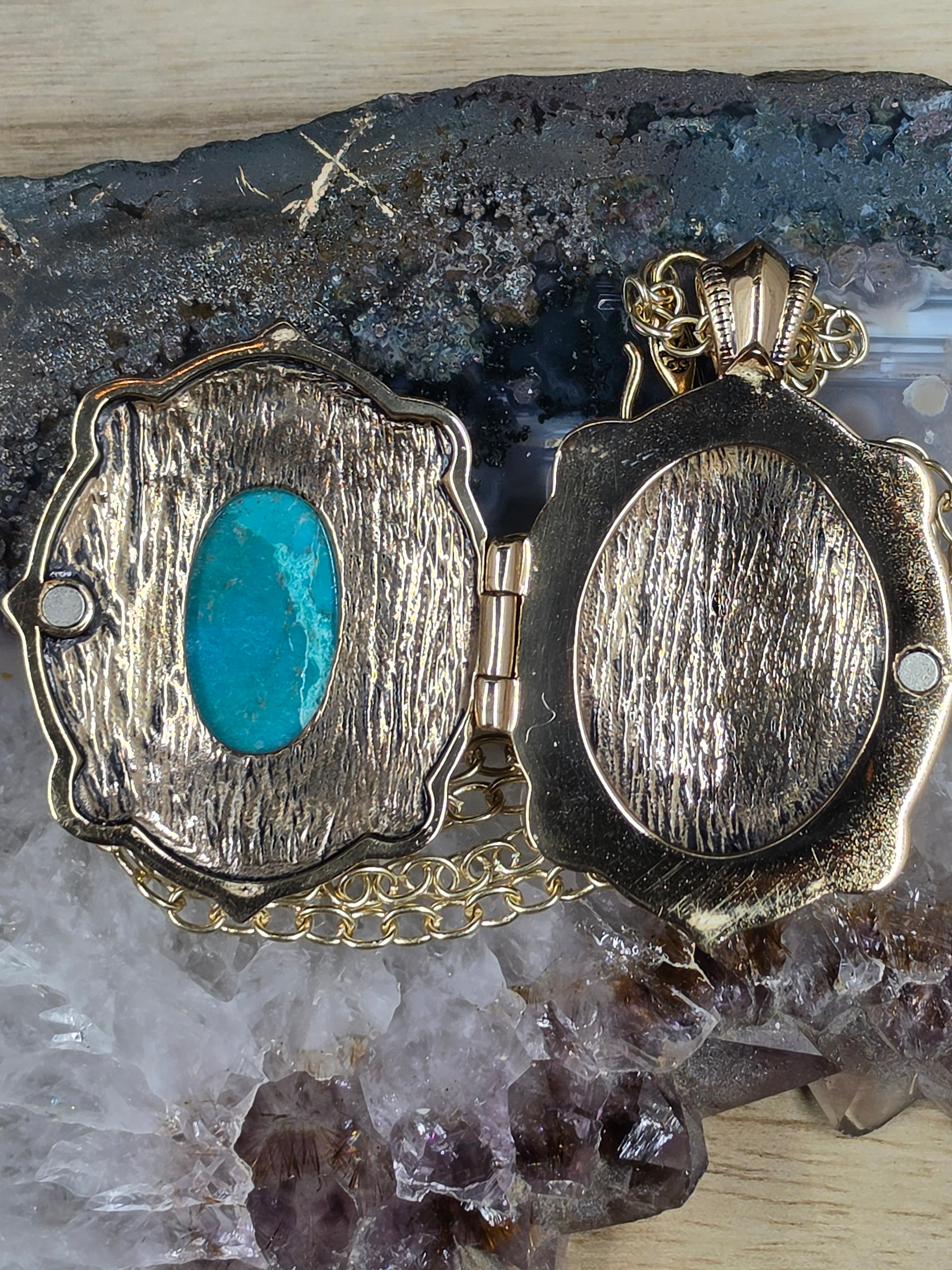 Barse Turquoise Locket Pendant with matching earrings. Chain 36"