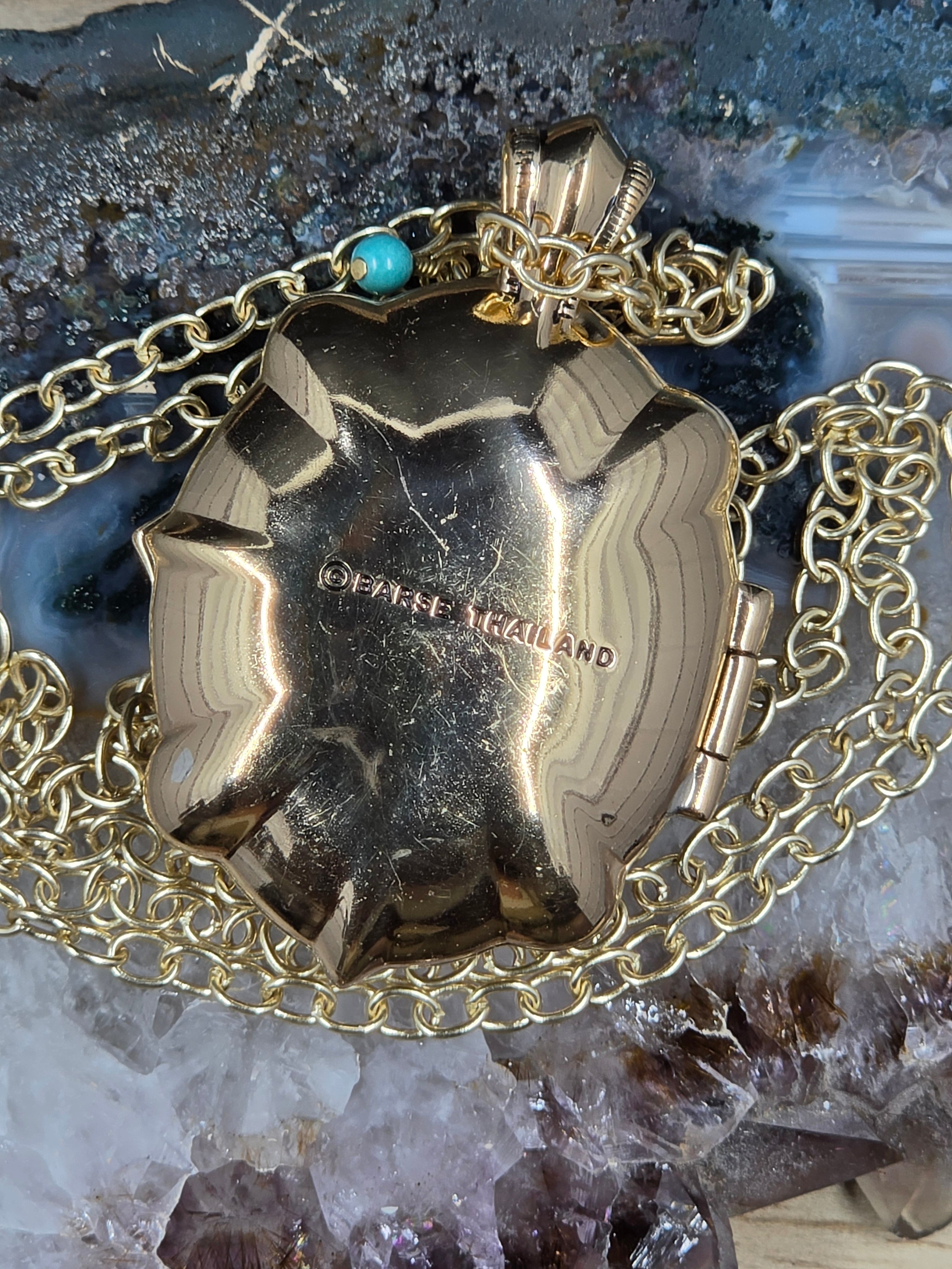 Barse Turquoise Locket Pendant with matching earrings. Chain 36"