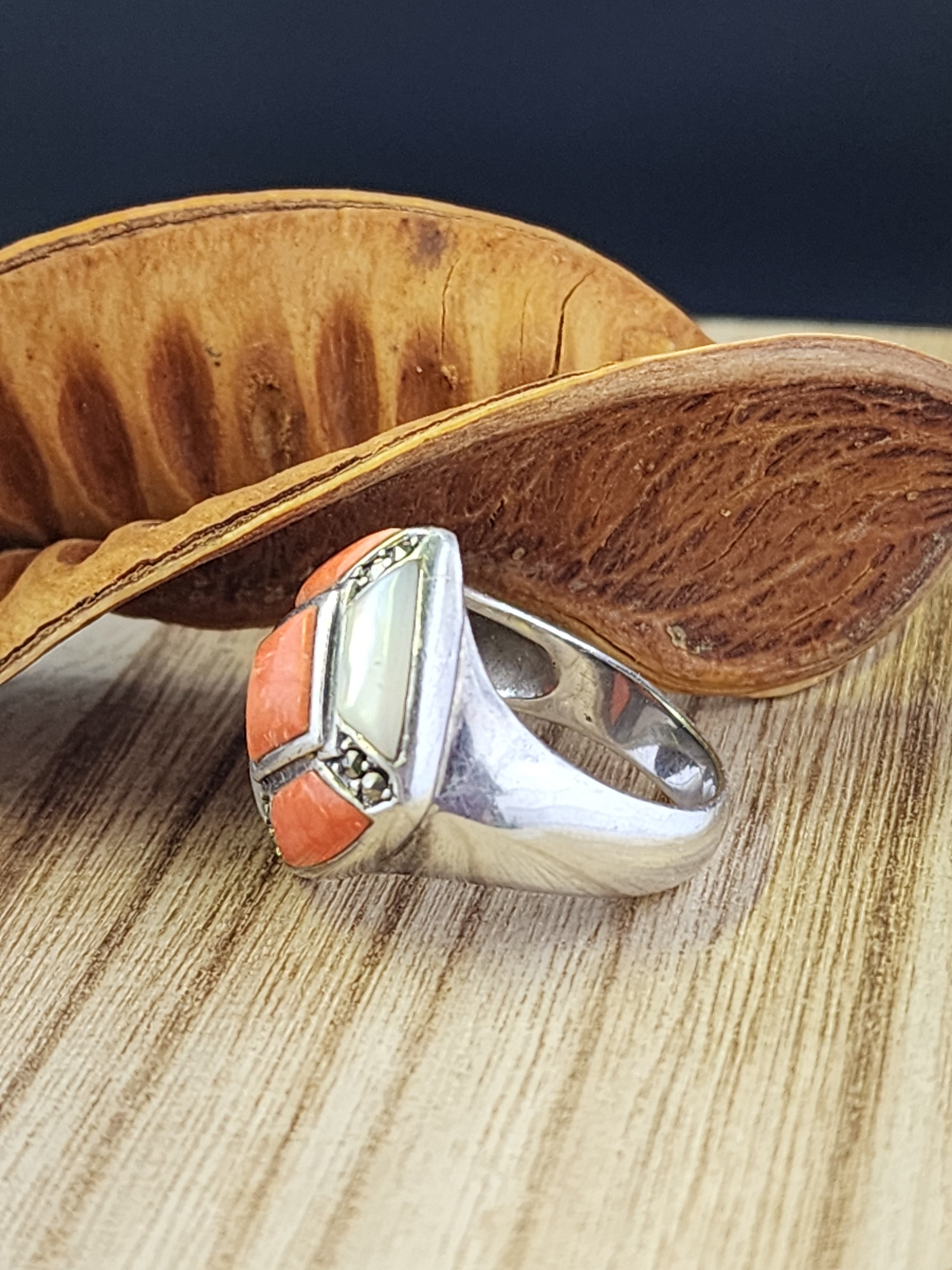 Coral / Mother or Pearl / Marcasite Size 9 - .925 ring
